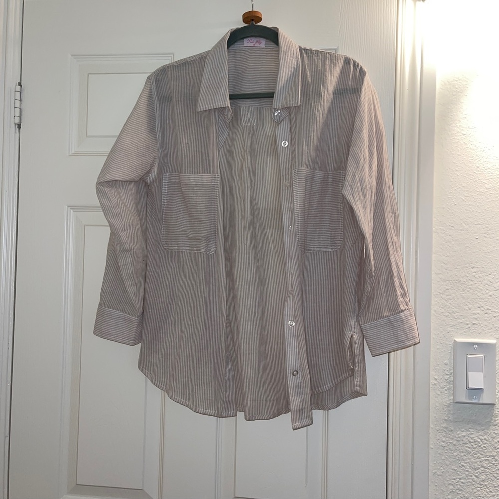 Pink Lily linen-like striped button down
